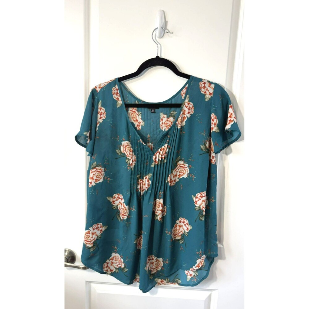 Torrid Teal Floral Flutter Sleeve Blouse Peony pleated vneck Women's 00